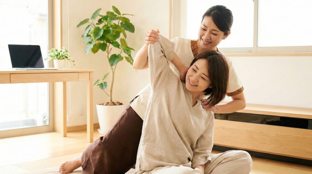繰り返すデスクワークの肩こり・腰痛。なぜ部分的な揉みほぐしでは解決しないのか？タイ古式マッサージが「全身」と「筋膜」にアプローチし、痛みの根本原因を解消するメカニズムを専門的に解説します。