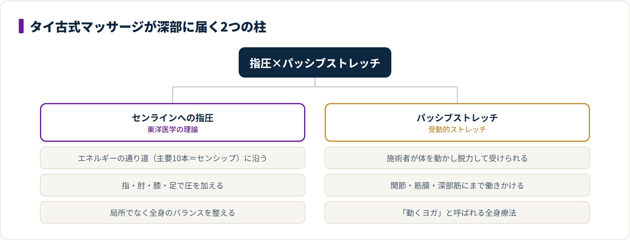 タイ古式マッサージの仕組みを、センラインへの指圧とパッシブストレッチの2つの柱に分けて示した図。表層だけでなく関節・筋膜・深部筋に働きかける
